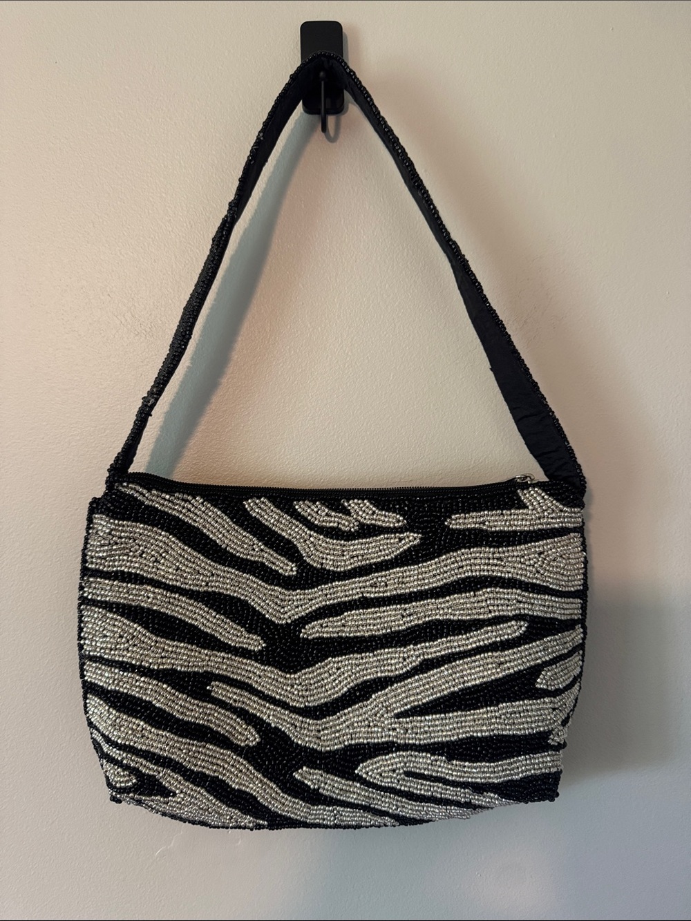 Beaded Zebra Striped Shoulder Bag